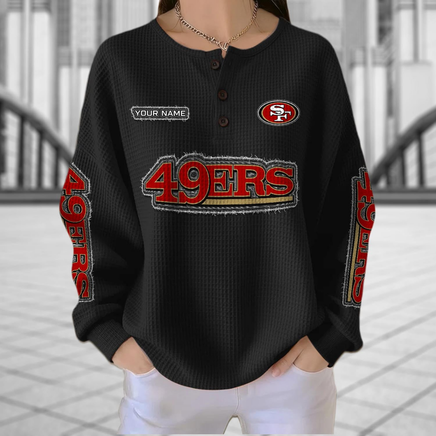 SF x NFL Personalized Waffle Knit Henley Sweatshirt 2005 DatND DVT