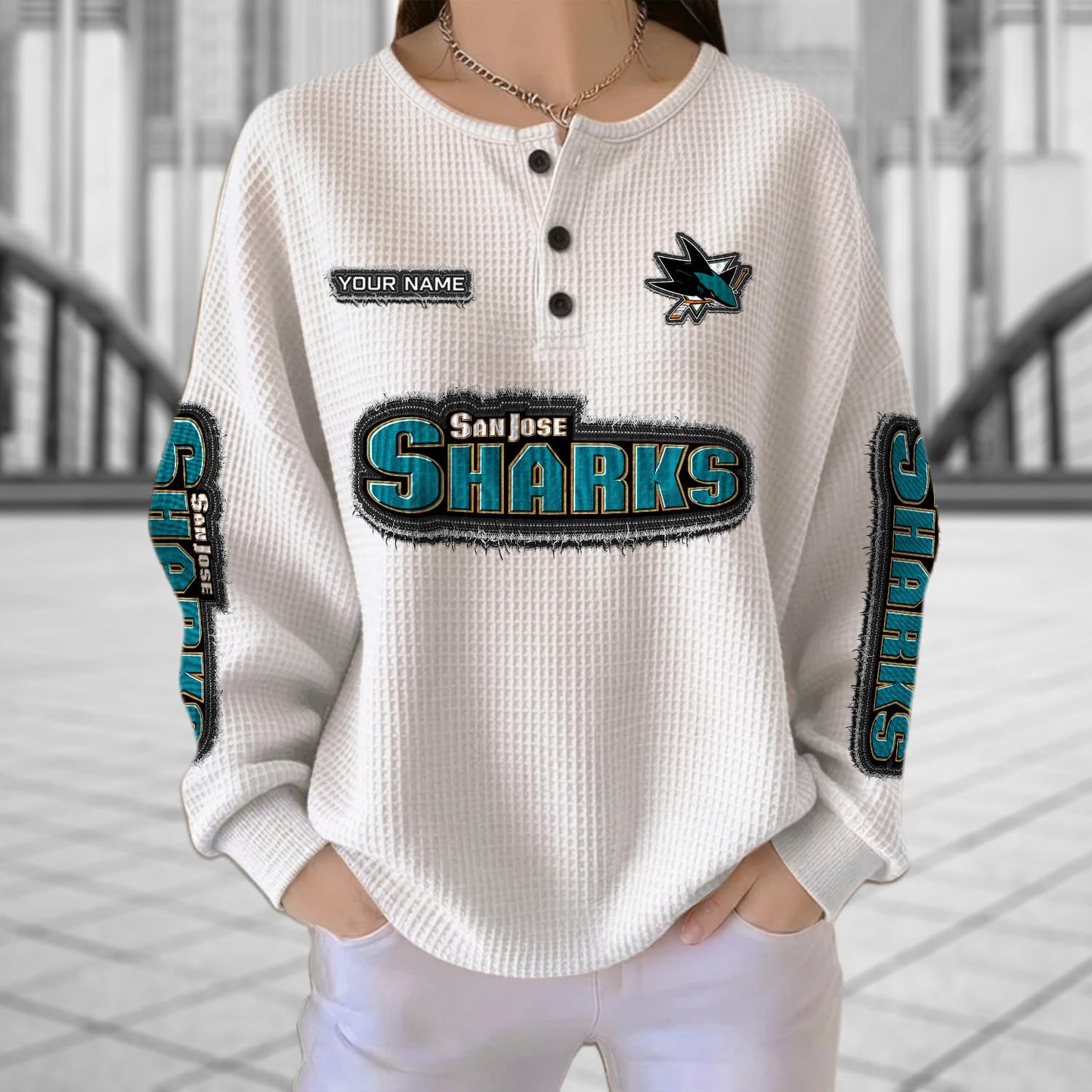 SJS x NHL Personalized Waffle Knit Henley Sweatshirt 2005 DatND DVT