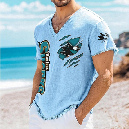 SJS x NHL V-Neck Linen Beach Shirt 1905 DatND DVT