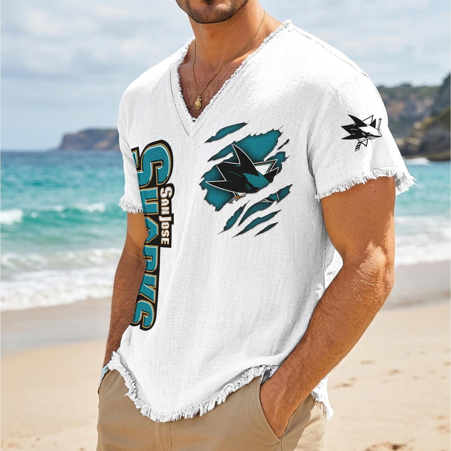 SJS x NHL V-Neck Linen Beach Shirt 1905 DatND DVT