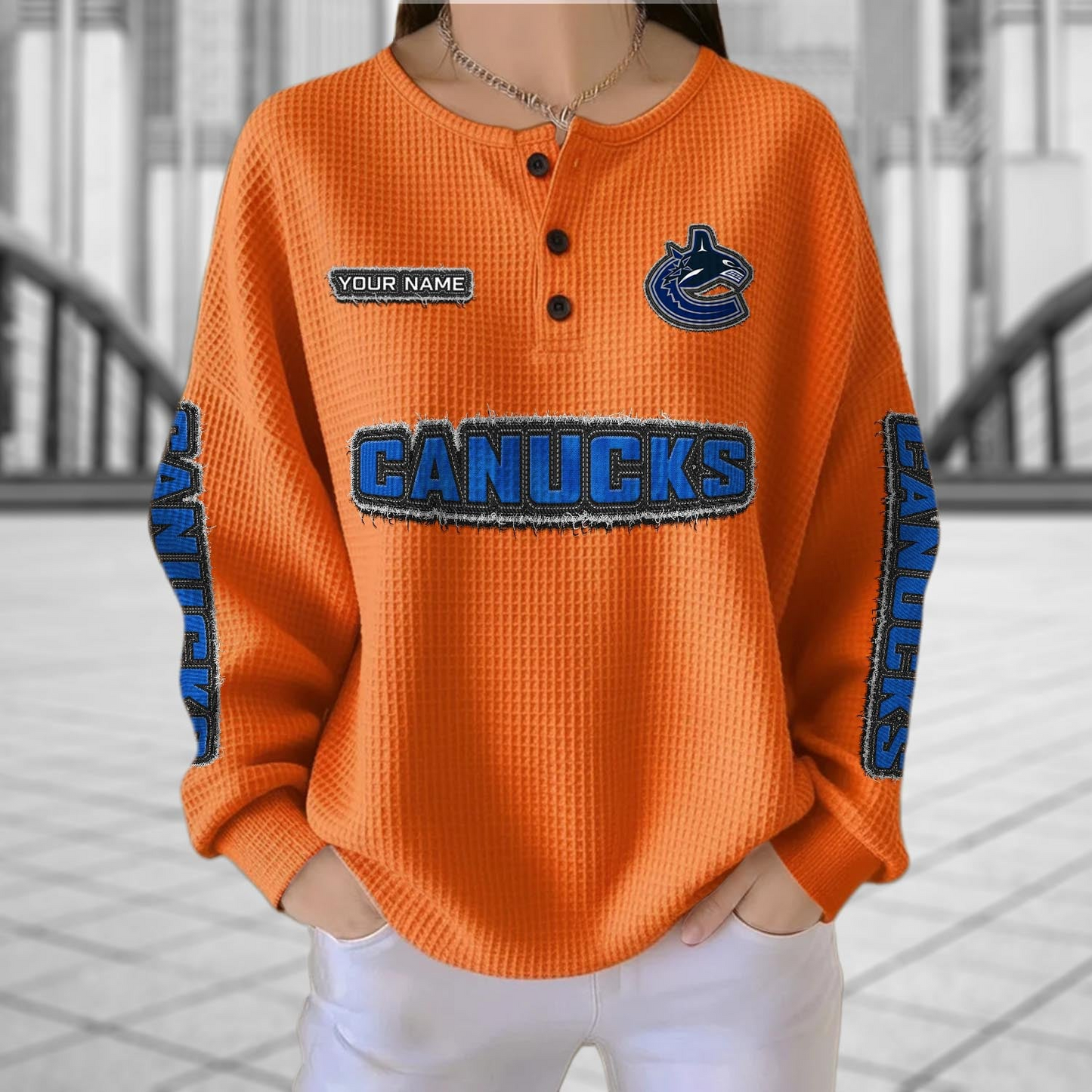 VAN x NHL Personalized Waffle Knit Henley Sweatshirt 2005 DatND DVT