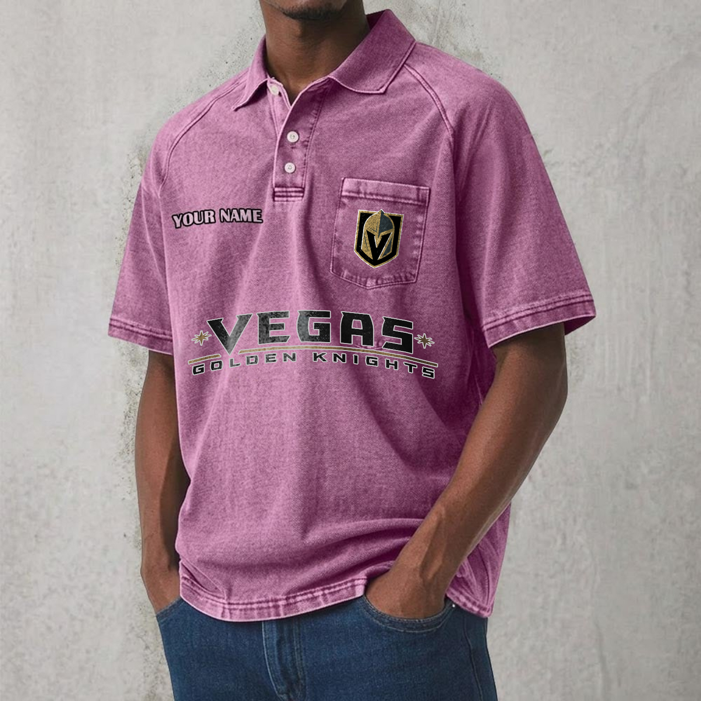 VGK x NHL Men's Distressed Turn-Down Collar Polo DATND TANTD 250526
