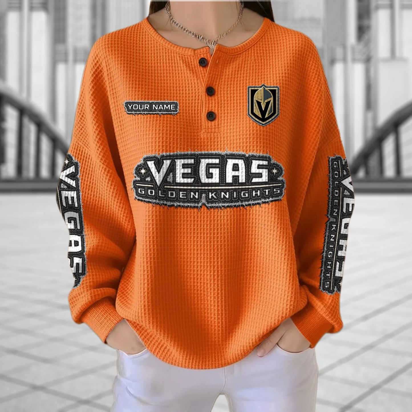 VGK x NHL Personalized Waffle Knit Henley Sweatshirt 2005 DatND DVT
