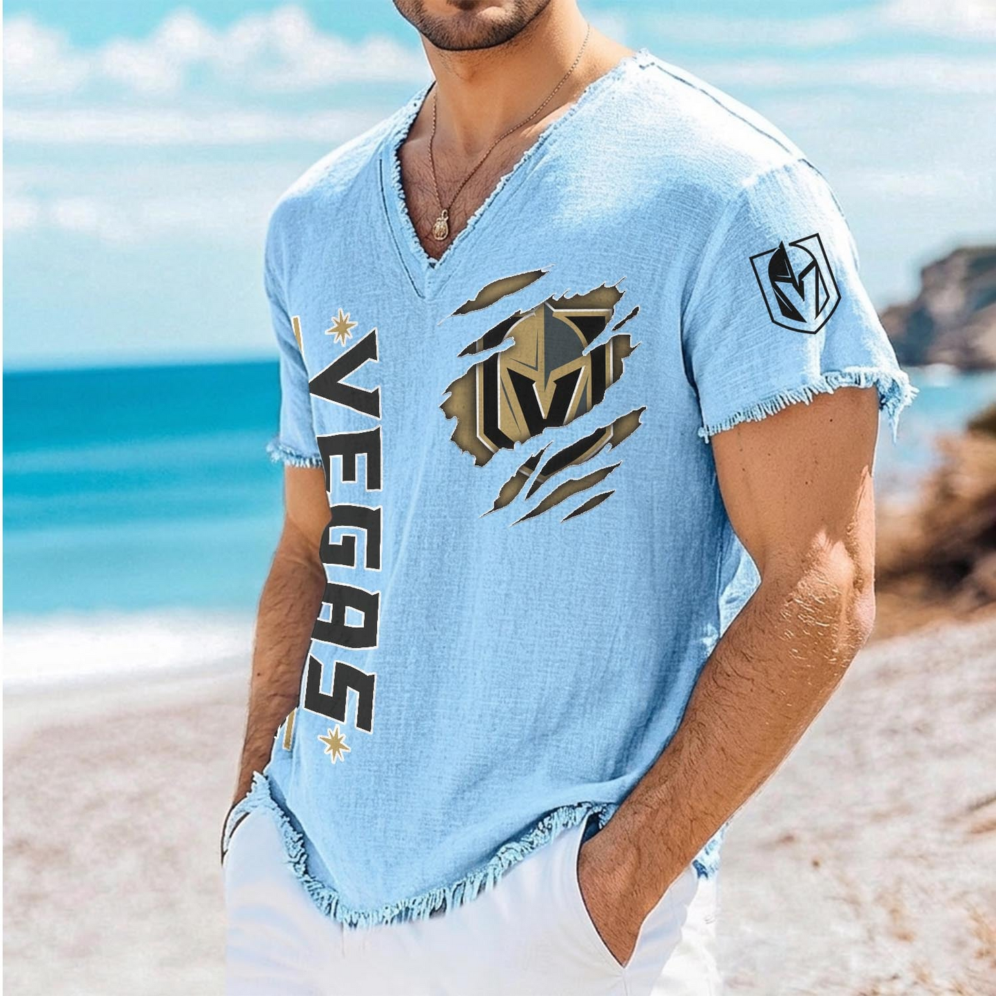 VGK x NHL V-Neck Linen Beach Shirt 1905 DatND DVT