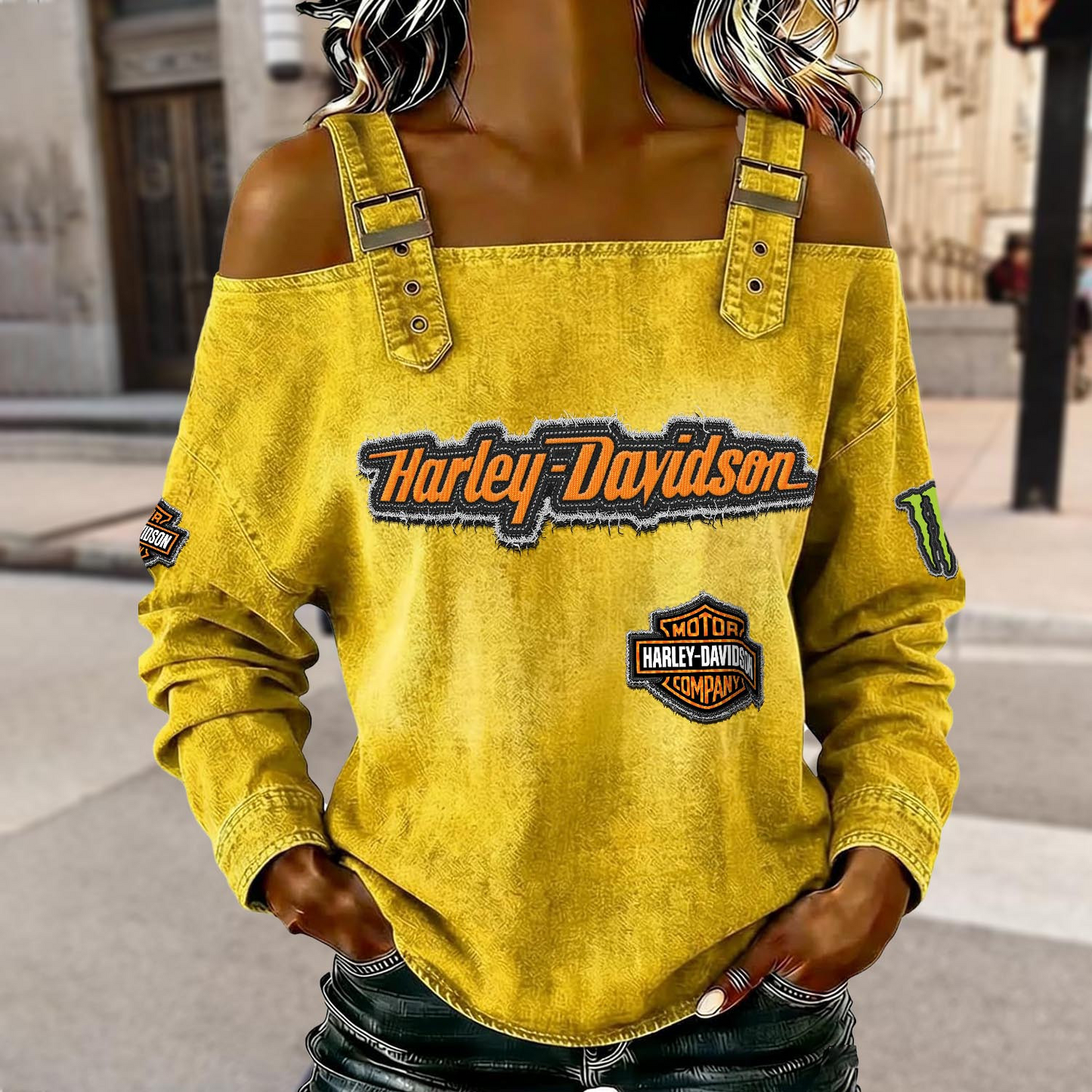 Women's HD Racing Acid Wash Off Shoulder Sweatshirt DATND TANTD 290526